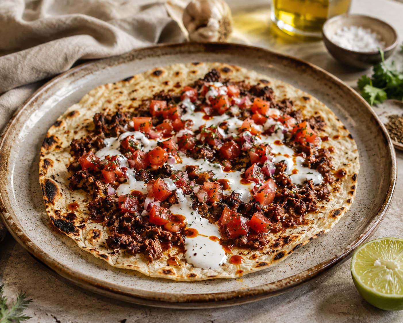 Smashed beef wraps with pico de gallo and lime-yogurt